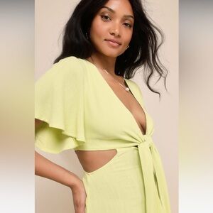Lulus Summer Journey Light Green Tie Front Cut Out Midi Dress